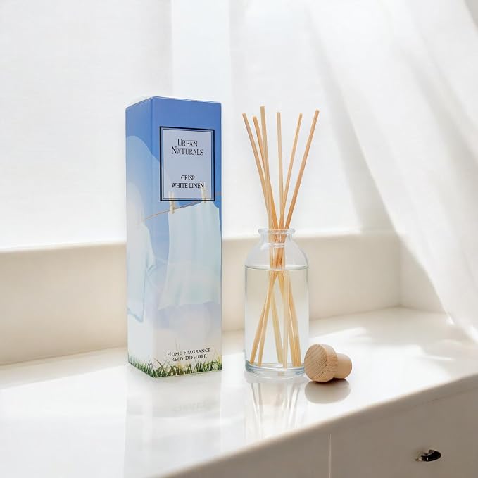 Urban Naturals Crisp White Linen Reed Diffuser Gift Set | with Citrus, Ozone, Ylang-Ylang, Lilies & Sandalwood Scent Notes for a Fresh, Clean Cotton Smelling Home | Made in the USA – Great Deal!