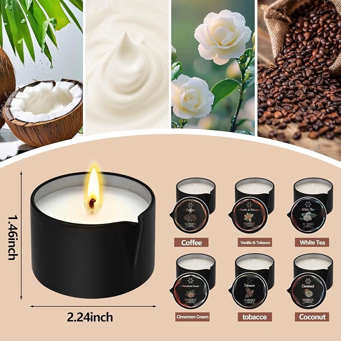6 Pack Low Temperature Massage Candle & Lotion Candle Set, Soy Wax with Jojoba & Shea Butter, Melts into Moisturizing Skin Oil for Home Spa & Relaxation, 2.35 oz - 6 Scents