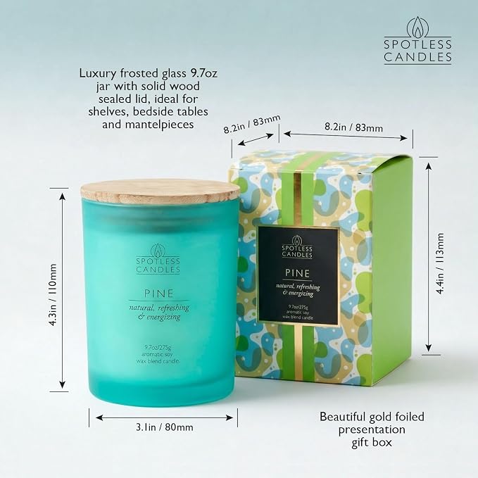 Pine Candle; 9.7 oz: 55 Hrs Burn Time, Soy Wax Teal Frosted Jar with Crackling Wooden Wick & Luxury Gift Box: Pine Scented Candle by Spotless Candles | Soy Wax, 55 Hrs Burn Time, Crackling Wooden Wick, Luxury Gift Box