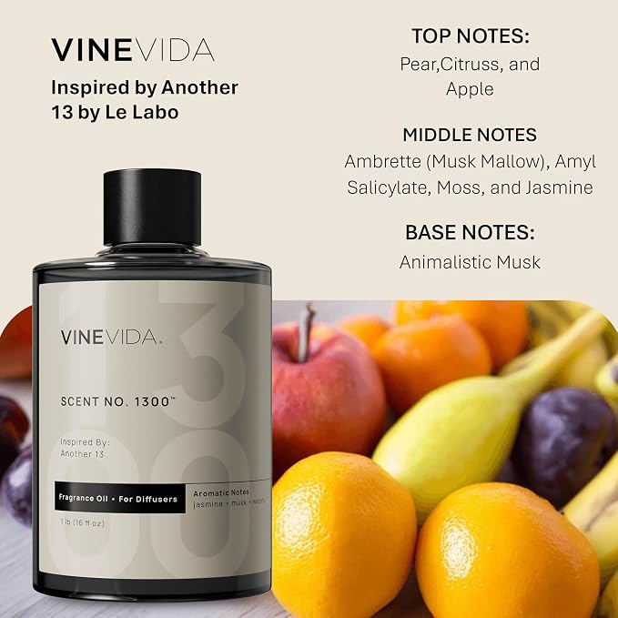 VINEVIDA [16 Fl Oz] Scent NO. 1300 Fragrance Oil for Cold Air Diffusers, Aromatic Notes of Jasmine Musk Woody, Essential Oils for Diffuser Oil Refill & Air Freshener Room Spray