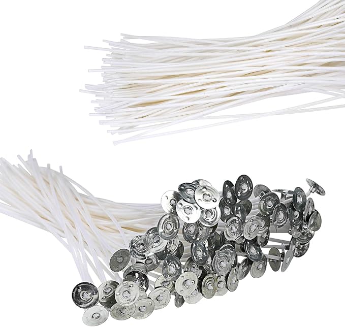 buluker 150Pcs Functional Smokeless Candle Wicks - Pre Waxed Cotton Wick with Metal Sustainer Tabs for Pillar Candle Making and DIY, (Thick3.5+6"+8")
