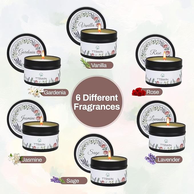 TTRWIN Relaxing Scented Candles Gift Set - 6 Natural Soy Wax Candles for Cosy Home, Aromatherapy Soy Candles in Jars, Stress Relief and Gifts, Christmas, Birthday, Spa Scents for Women, Men