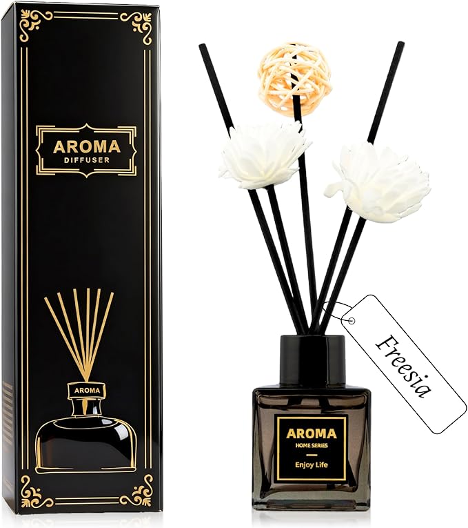 Black Glass Bottle Scent Diffuser, 1.7 oz Reed Diffuser with Sticks, Home Fragrance for Bookshelf, Bedroom Vanity, Office Desk & Bathroom Decor, Air Freshener for Aesthetic Room Decor (Freesia)