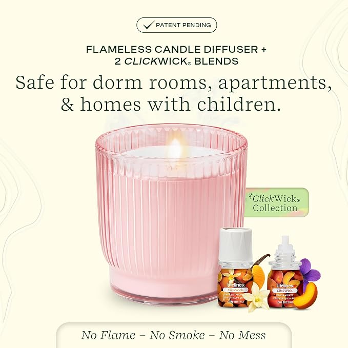 Lifelines Flameless Candle Aromatherapy Essential Oil Diffuser with 2 ClickWick Essential Oil Blends - Cordless & Waterless Diffuser for Home - Scented Electric Candles Blow Out Flame - Pink Jar