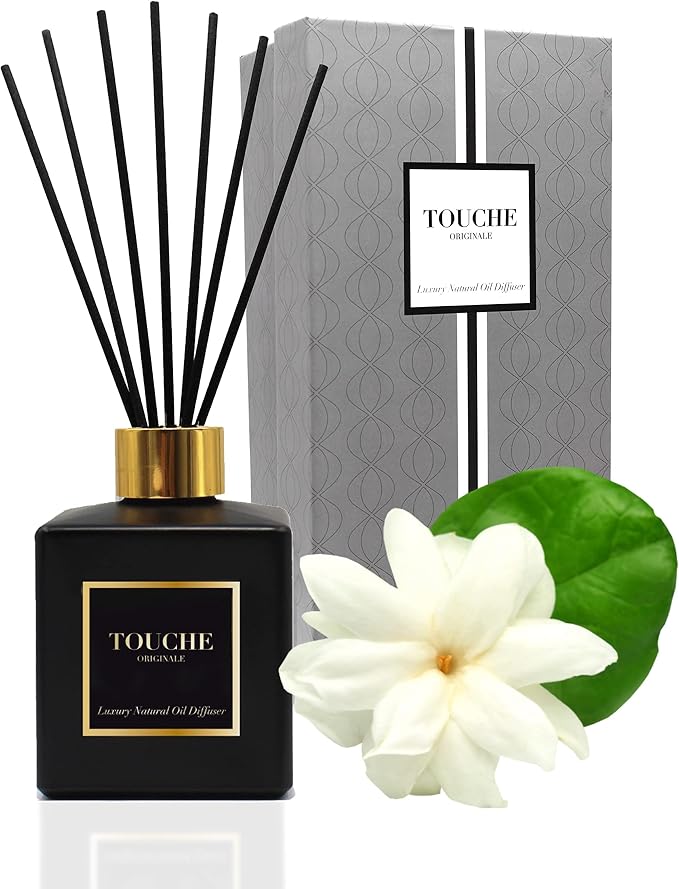 Touche Luxury Natural Reed Diffuser. Long Lasting Scented Home Fragrance. Natural Essential Oil Alcohol-Free. 4.75 OZ. Glass Bottle (Sandalwood & Jasmine - Black Bottle)