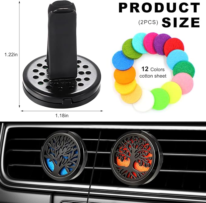 KVAEY 2PCS 30mm Car Diffuser Vent Clips, Tree of Life Aromatherapy Essential Oil Diffuser Locket with 12 Felt Pads, Stainless Steel Car Diffuser Locket Air Freshener (Black)