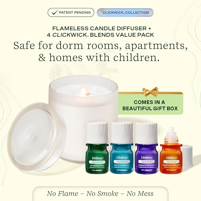 Lifelines Flameless Candle Aromatherapy Essential Oil Diffuser with 4 ClickWick Essential Oil Blends Value Pack - Cordless & Waterless Diffuser for Home - Scented Electric Candles Blow Out Flame