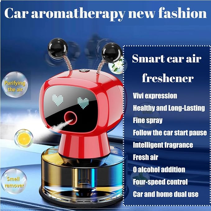 Robot Intelligent Aromatherapy Machine, Smart Cute Robot Car Air Freshener - Fine Spray/Fillable/Four-Gear Adjustment/Vibration Sensing/On-Off/Large Capacity Long-Lasting Fragrance/Red-V2(Hilton)