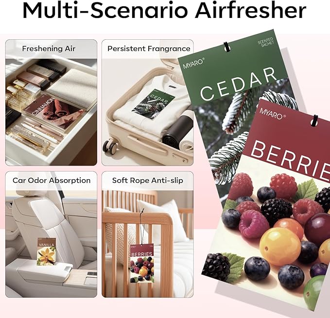 MYARO 20 Packs Cedar Cinnamon Vanilla Berries Potpourri Bag Scent Sachet for Closet Drawer Room Car Home Air Freshener Shoe Odor Elimination