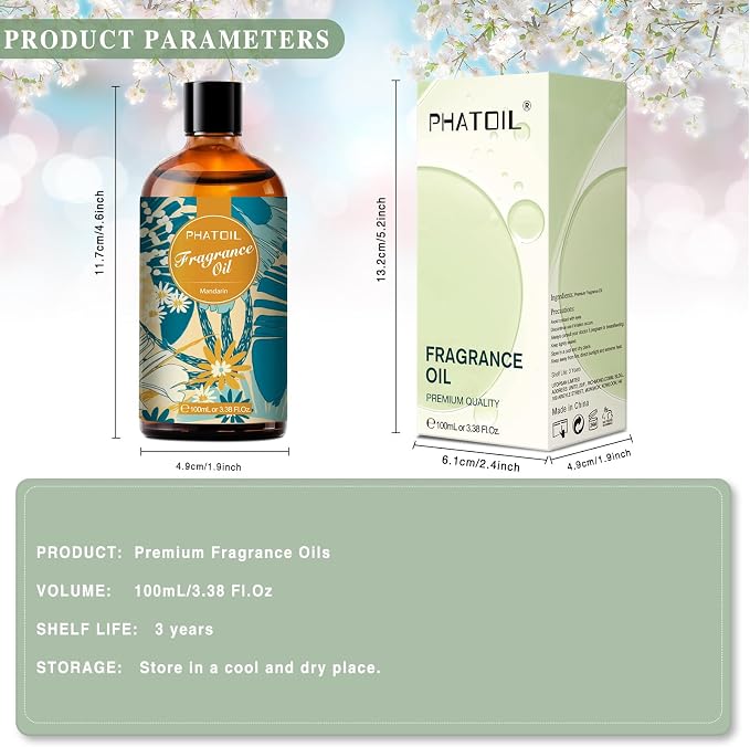 PHATOIL 3.38FL.OZ Mandarin Fragrance Oils for Aromatherapy, Essential Oils for Diffusers for Home, Perfect for Diffuser, DIY Candle and Soap Making, DIY Scented Products - 100ml