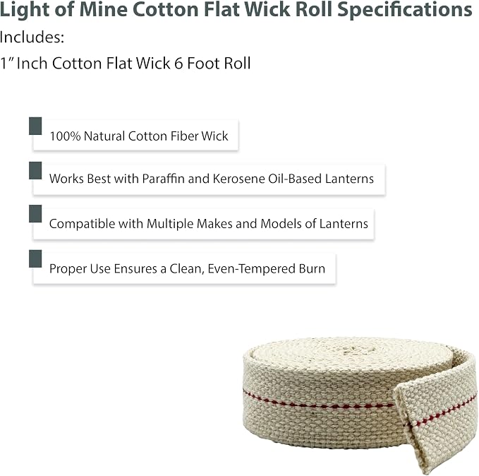 Light of Mine - 1" Inch Smokeless Flat Oil Lamp Wick, 6 Foot Roll, 100% Cotton Replacement Wick with Genuine Red Stitch for Kerosene Lanterns, Paraffin Oil Lamps & Hurricane Lanterns (1PK, 1" - 6')