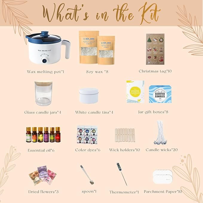 DIY Scented Candle Making Kit for Adults, Pro Candle Making Set with Wax Melter, Glass Jar, Dried Flowers, 6 Pleasant Scents, Color Dyes & More - All-in-One Wax Melts Kit Perfect as Home Decorations