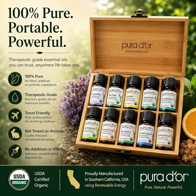 PURA D'OR Organic Perfect10 Essential Oils Set - 10x 10mL Wood Box Aromatherapy Gift Set - 100% Pure Therapeutic Grade for Relaxation and Wellness (Lavender, Peppermint, Eucalyptus, Tea Tree & More)