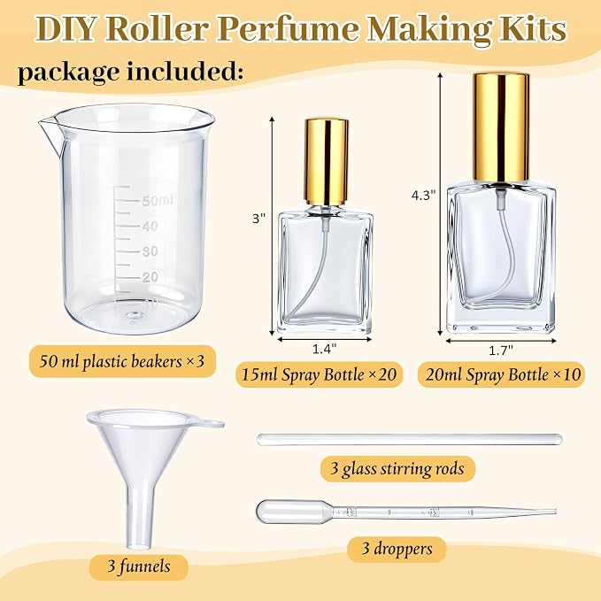 Sawysine 30 Pcs 15/30ml Glass Perfume Bottles Set 20 Bottle 15ml, 10 Bottle 30ml, Mini Glass Empty Spray Atomizer Bottles Bulk with Tools for Perfume Making, Essential Oil, Liquid