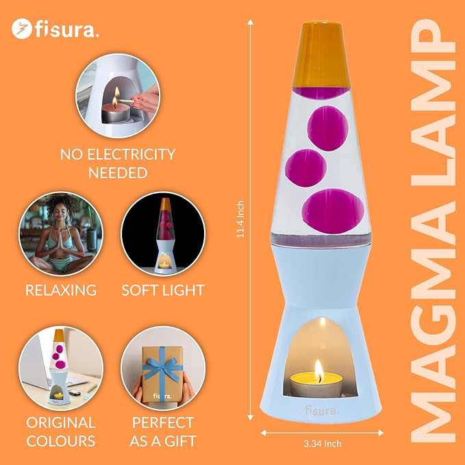 Fisura - Magma lamp with Candle for Adults Without Electricity. Candle lamp, Friendly with the Nature Lamps. Original Gift. 11.4 in x 3.3 in (Candles not Included) (Candle, Pink, Blue & Orange)