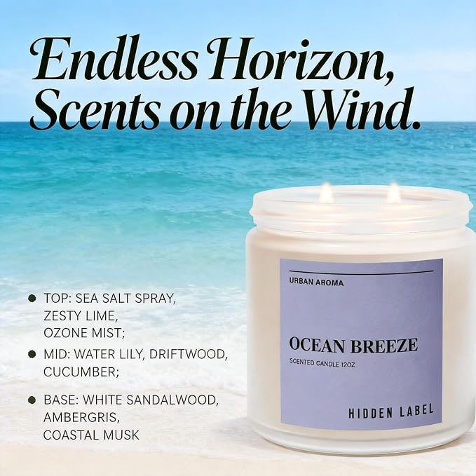 Hidden Label Ocean Breeze Soy Candle, 12oz 2-Wick, Coastal Fresh | Non-Toxic Natural Wax, Paraben & Phthalate-Free, Clean Burn | Elegant Decor & Gift-Ready | Stress Relief & Mental Clarity