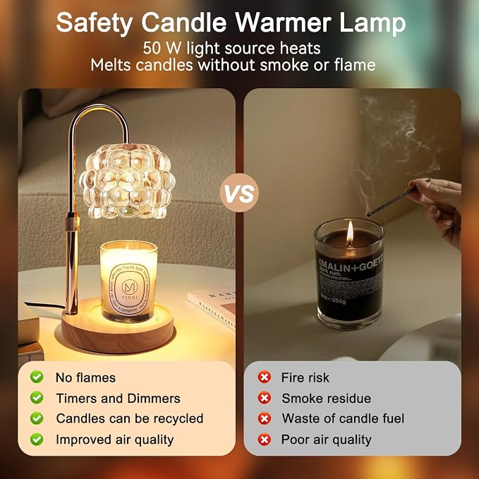 Candle Warmer Lamp with Timer Adjustable - Height Candle Warmer, Dimmer, Vintage Glass Wax Melting Lamps for Home Decor, for Candles in Jars with 2 Bulbs, Champagne Gold