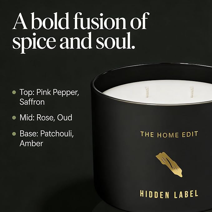 Hidden Label Black Oud Pepper Soy Candle, 10oz 2-Wick, 45H Bold Spice | Strong Masculine Aromatherapy | Non-Toxic Phthalate-Free | Even Melt No Tunneling | Luxe Reusable Glass Gift