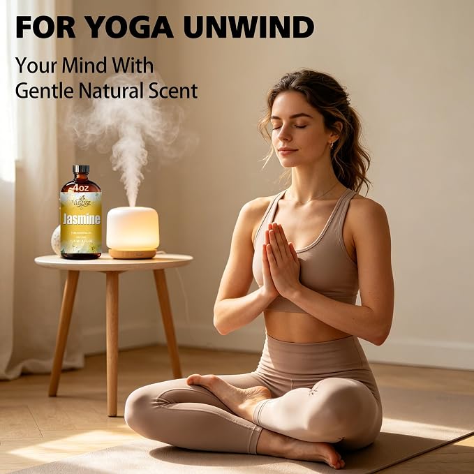 Jasmine Essential Oil, Jasmine Oil 4 Fl Oz 120ml for Diffuser Yoga Soap & Candle Making – with 0.33 Oz Roller Ball & Dropper YHSESSE Essential Oils
