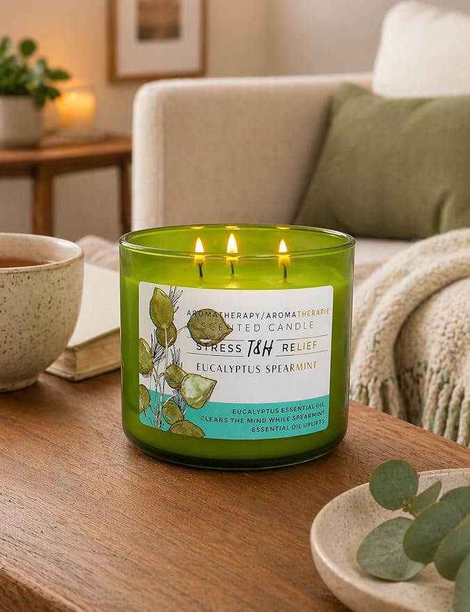 Eucalyptus Spearmint Scented Candle | 15.8 oz Large 3 Wick Soy Candle | Soothing Aromatherapy Candle for Home | Fresh Mint Spa Scent | Long Lasting Clean Burn | Relaxation & Yoga Gift for Women & Men