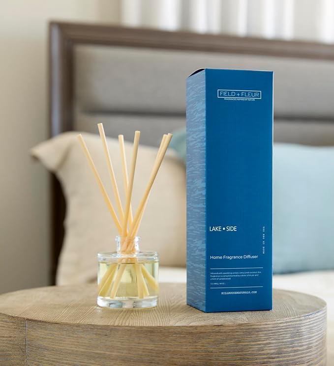 Field + Fleur - Reed Diffuser Set - Home Fragrance Diffuser - Refresh Home, Bedrooms, Bathrooms & More - Notes of Amber, Citrus, Coconut & Sandalwood - Made in the USA - Lake Side Scent - 4 oz