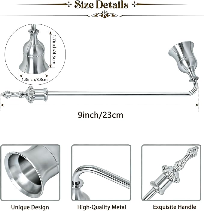 Candle Snuffer, 9-Inch Long Handle for Safe Flame Extinguishing, Smoke-Free & Splash-Free, Aluminum Metal Candle Wick Dipper & Extinguisher for Jar, Pillar, Scented Candles (Silver, 1 Pc)