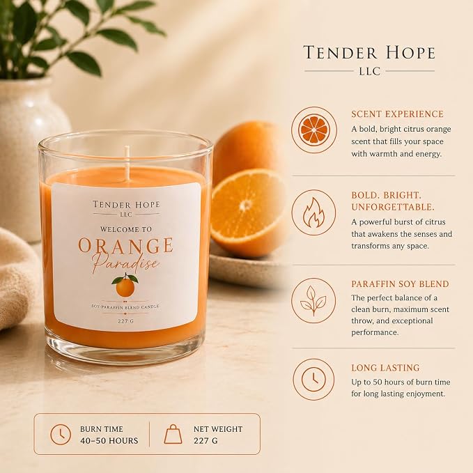 Tender Hope Orange Paradise Candle – Fresh Citrus Orange Scent, Long Lasting Soy Paraffin, 227g | Fresh Citrus Orange Scent, Long Lasting, Soy Paraffin