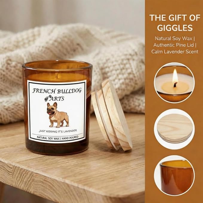 French Bulldog Gifts for Women | Birthday Gifts for Mom | Light When Dog Farts Candle | Cedar By Natural Soy Wax | Pet Safe Friendly Memorial Candles for Home Scented Household Essentials