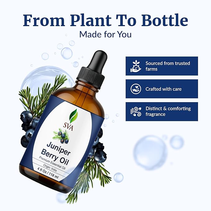 SVA Juniper Berry Essential Oil – 4 Fl Oz – 100% Natural Juniper Oil - for Diffuser, Hair Care, Face, Skin Care, Aromatherapy, Scalp and Body Massage, Soap and Candle Making – with Dropper
