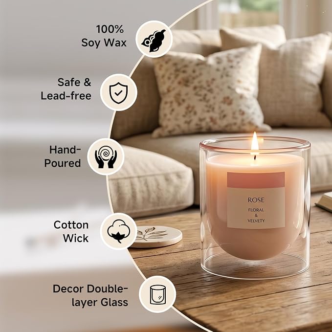 Rose Scented Candles, 10.5oz/50H Non-Toxic Pink Floral Aromatherapy Candle, Relaxing Gifts & Aesthetic Room Decor for Women Mom Wife, Medium Jar