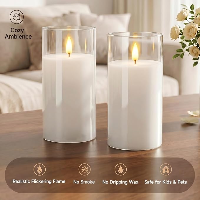 Homemory Clear Glass Flameless Candles Battery Operated LED Pillar Candles with Remote and Timer, Real Wax Flickering Candles with 3D Wick, Decorative Glass Candles Home Wedding Holiday Decor, 2 Pack