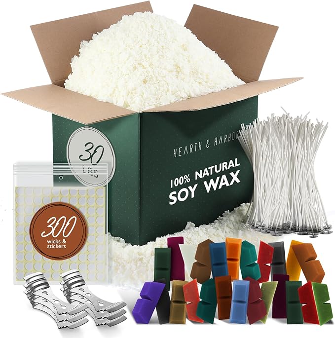 Hearth & Harbor Natural Soy Wax and DIY Candle Making Supplies - 30 Lbs Soy Candle Wax Flakes, 24 Candle Wax Dye Blocks, 300 Cotton Wicks, and 6 Metal Centering Device