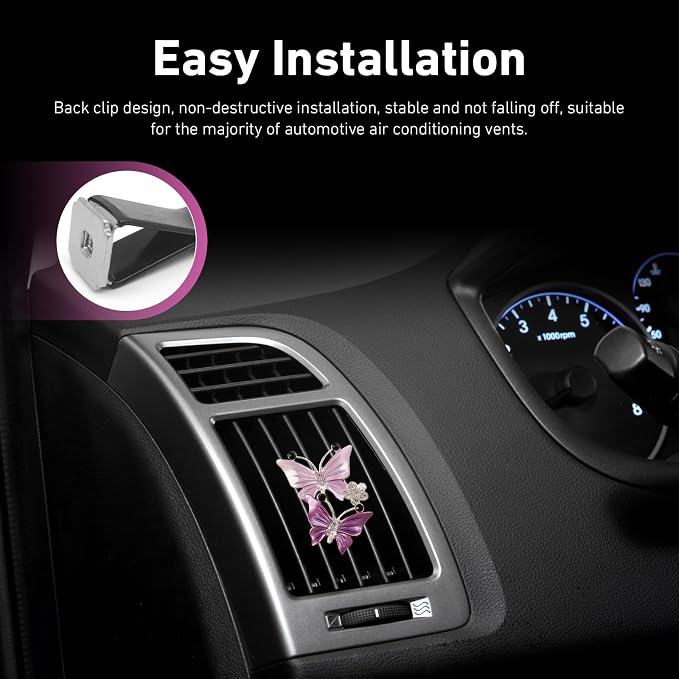 4 PCS Dual Butterfly Car Air Vent Clips, Car Air Vent Shimmering Rhinestone Butterfly Decoration Clips, Smell Diffuser for Horizontal Vertical AC Export, Universal for Most Vehicles (Purple)