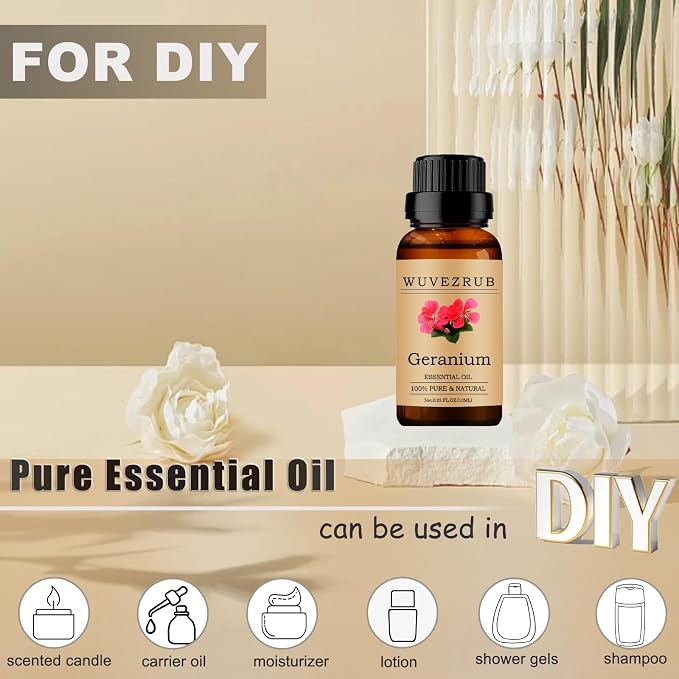 Geranium Essential Oil 10ML - 100% Pure and Natural for Aromatherapy Diffuser - 0.33 Fl Oz