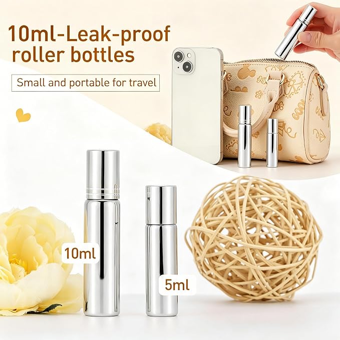 Kesell 0.34oz / 10ml Essential Oil Roller Bottles 6PCS Silver Glass Roll-on Bottle Empty Refillable Perfume Vials Travel Size Perfume Rollerball Applicator Liquid Storage Container with Funnel
