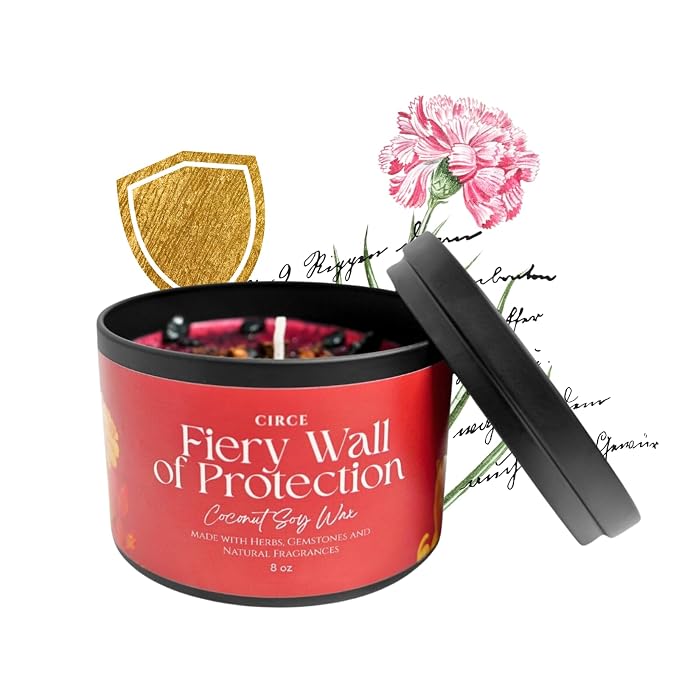 Circe Spell Candle “Fiery Wall of Protection” Coconut Soy Wax Candle Jar– Premium Hand Poured & Long Burning– Herbs, Crystal & Natural Fragrance Oils- Repel Negativity & Shield Aura - Gift - 8oz