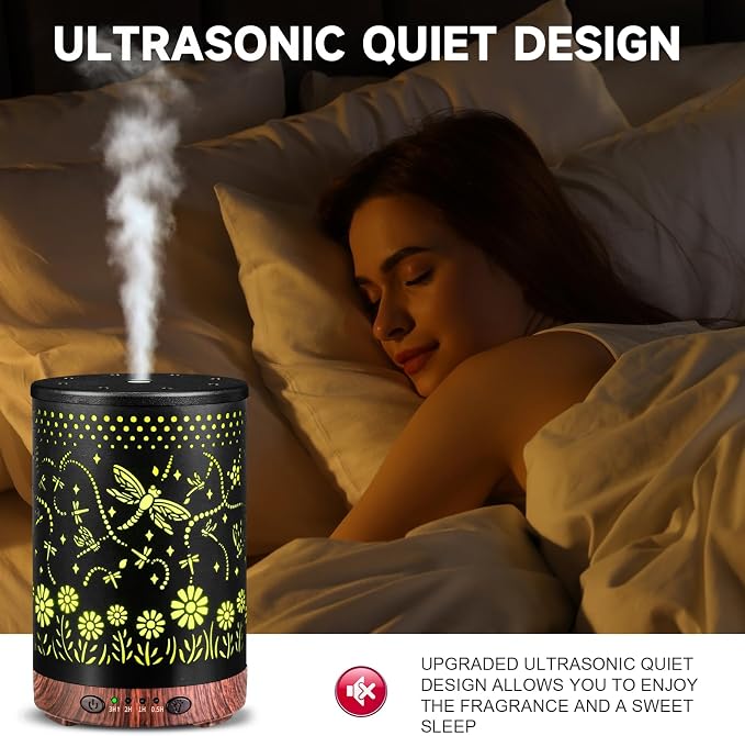 Essential Oil Diffuser 120ML Metal Aromatherapy Diffuser with Timer, Cool Mist Humidifier with Auto Shut-Off & 7 Color Lights for Home Office Spa (Dragonfly)