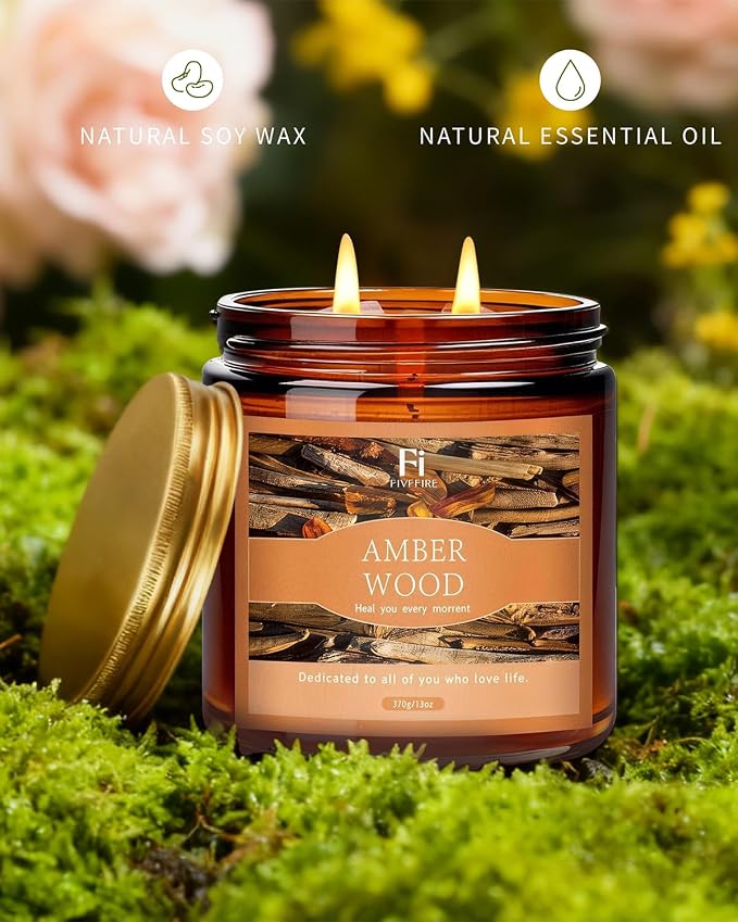 Amberwood Scented Candle, 13 oz Soy Wax Candle with Cotton Wick, 76-Hour Clean Burning, Non-Toxic Woodsy Scent for Relaxation & Focus, Aromatherapy Candle, Housewarming Gift