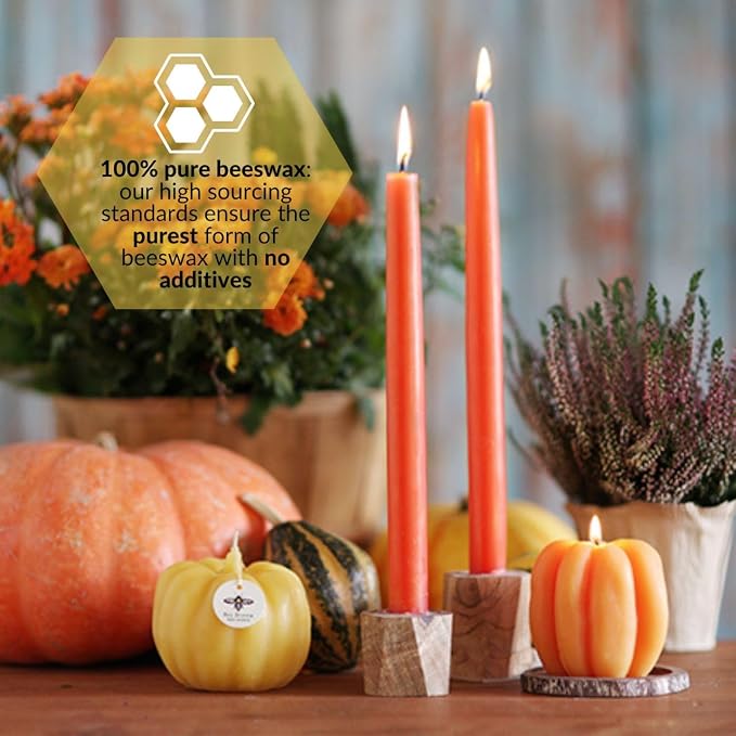 Big Dipper Wax Works Pumpkin Hand-Dipped Beeswax Taper Candles – 12” x 7/8”, 2-Pack, 100% Pure Beeswax, Long Burning, Clean, Cotton Wick, Handmade in USA, Home Décor & Wedding Candles