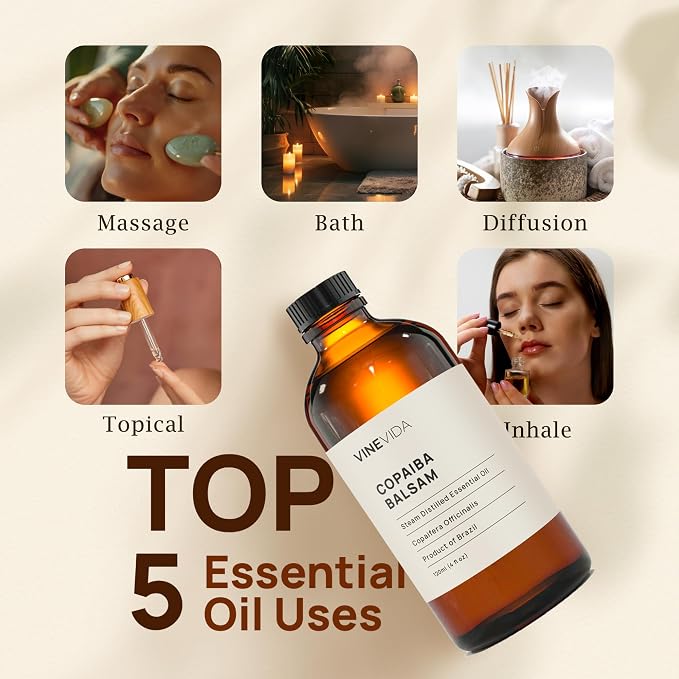 VINEVIDA Copaiba Balsam Essential Oil 4 oz - Undiluted Copaiba Balsam Oil 4 oz - Copaiba Balsam Candle Oil Scent - DIY Candle Scents for Candlemaking - Bulk Essential Oil for Soap Making Safe for Skin