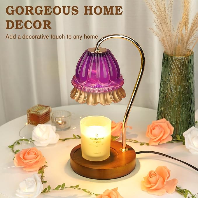 Funistree Flower Candle Warmer Lamp with Timer, Dimmable Candle Lamp Warmer, Christmas Birthday Gifts for Women Mom Her, Housewarming Home Decor, Lotus Wax Warmer for Yankee - Purple Flower 10 Inch