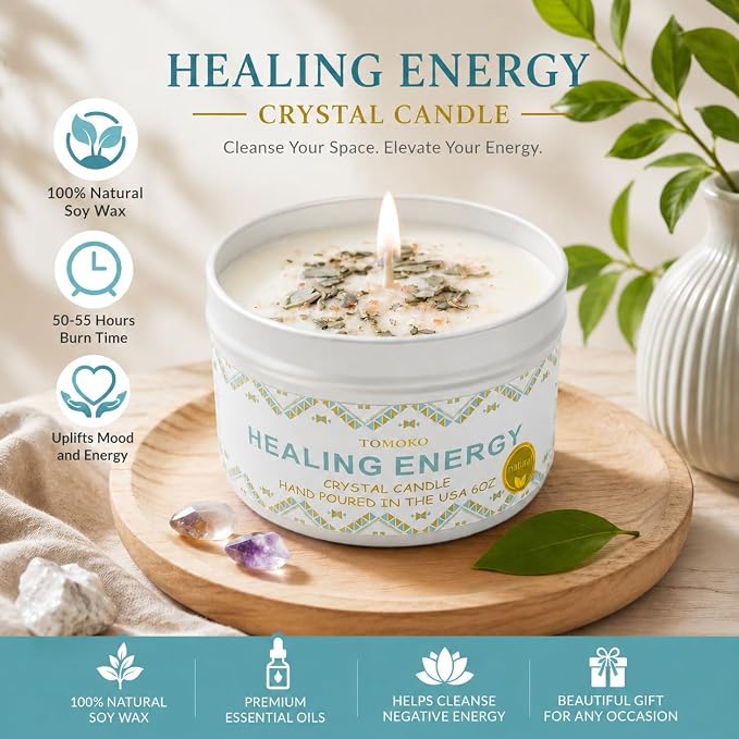 White Sage Candle, Sage Leaf, Himalayan Crystal Salt & Essential Oil, Healing Energy, Crystal Candle