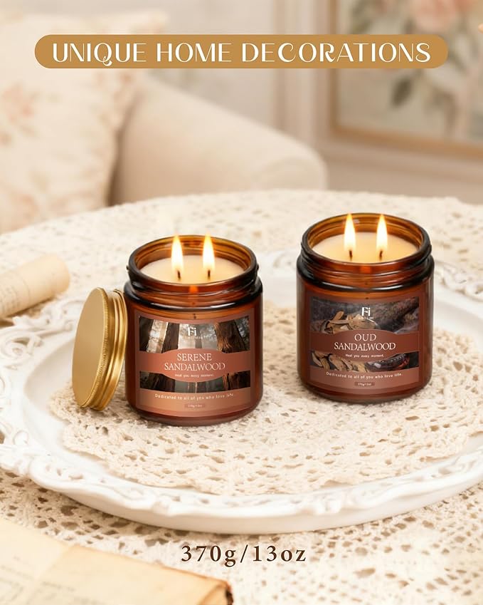 Oud & Sandalwood Scented Candle, 13 oz Soy Wax Candle with Cotton Wick, 76-Hour Clean Burning, Non-Toxic Woodsy Scent for Relaxation & Focus, Aromatherapy Candle, Housewarming Gift