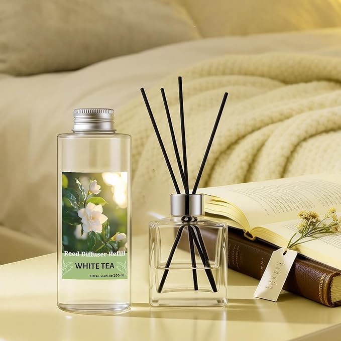 STRN Reed Diffuser Oil Refill, White Tea Scented Diffuser Oil Refills with 6 Reed Sticks 200ML(6.8fl.oz), Room Fresheners Long-Lasting Summer Fragrance for Living Room, Bedroom, Office