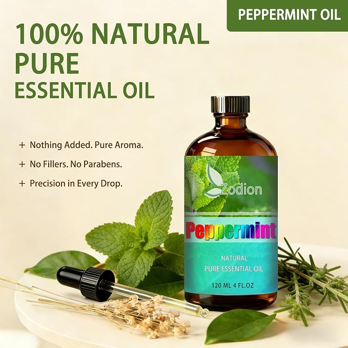 Peppermint Essential Oil, Peppermint Fragrance Oil for Diffuser, Massage, Humidifier, DIY Candle, Soap Making, Home, Bath, Yoga - 4 fl oz (120ml) - ZODION Essential Oils