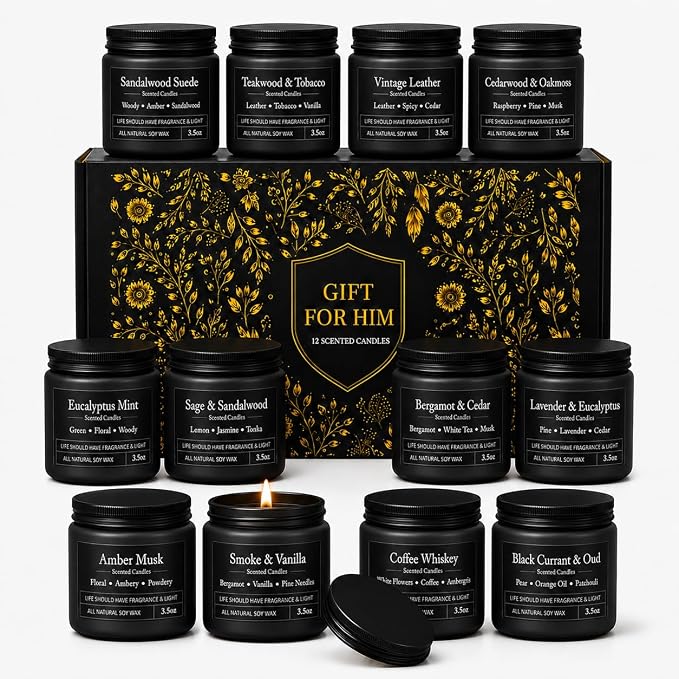 YMing 12 Pack Scented Candles for Men, Masculine Soy Candle Gift Set, 3.5 oz Each, Woody Leather Tobacco Coffee & Amber Scents, Gifts for Men Dad Husband Boyfriend