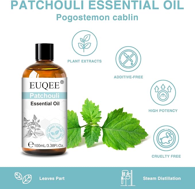 EUQEE 100ml Patchouli Essential Oil, Pure Patchouli Essential Oil for Diffuser, Massage, DIY Soap,Candle Making, Skin & Hair Care - 3.38 Fl Oz