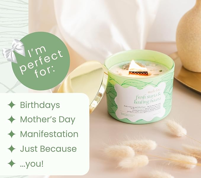 Green Crystal Candle for Women – Spring Season Home Decor, 12oz Large Luxury Crackling Wood Wick with Soy Wax, Slow Burn Meditation with Real Crystals and Healing Stones