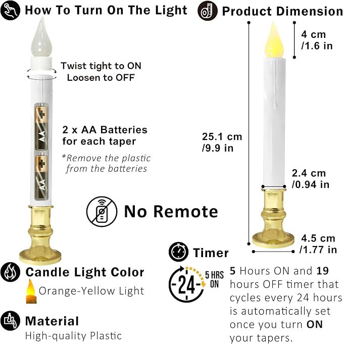 FURORA LIGHTING White Taper Candles with Gold Holders, Pack of 6-9.9" Flameless LED, 5/19 Auto Timer, Batteries Included - Wedding, Dinner & Home Decor
