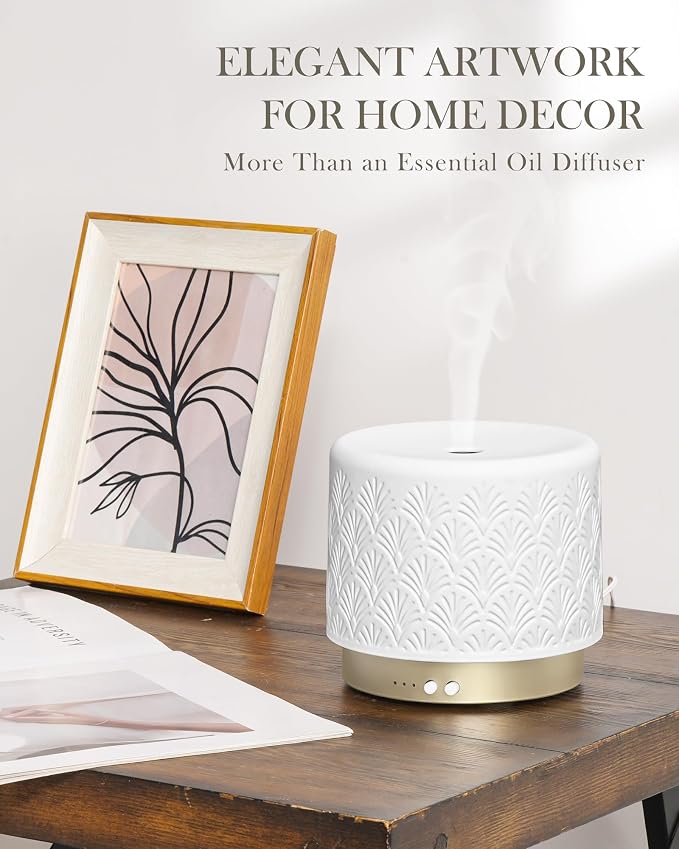 Essential Oil Diffuser - 280ml Ceramic Diffuser for Large Room & Commercial Use, 2.4MHz Aromatherapy Diffuser with Cool Mist Humidifier & Night Light, Ideal for Bedroom, Office, Yoga, Spa, Gifts